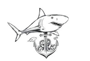 hammerhead-shark,under it an anchor,fishes,an octopus. tattoo idea
