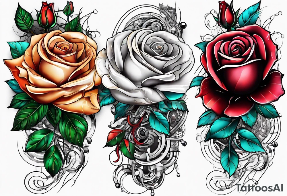 Blend roses and robotic circuitry for an arm sleeve tattoo idea