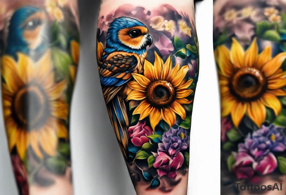 A lower forearm sleeve full colour coming down from a bicep with flowers joined with honeycombs, Mandela flowers, sunflowers, humming bird, and owl.  Sweet pea and honey suckle flowers. tattoo idea