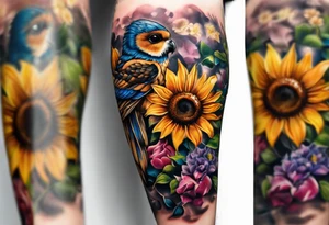 A lower forearm sleeve full colour coming down from a bicep with flowers joined with honeycombs, Mandela flowers, sunflowers, humming bird, and owl.  Sweet pea and honey suckle flowers. tattoo idea