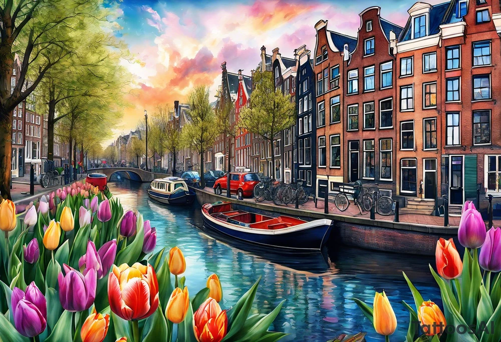 Pineapples and tulips under canal in Amsterdam with Amsterdam houses filled with animals and wildlife in space featuring galaxy colours tattoo idea