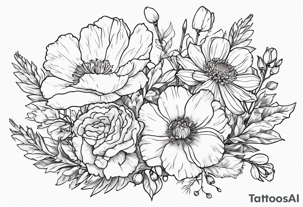 Bouquet of flowers with Two carnations, Two daffodils, One snowdrop, One hawthorn flower, Two honeysuckle blooms, One rose, One chrysanthemum, one cosmos, one marigold, one morning glory, one aster tattoo idea
