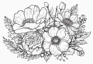 Bouquet of flowers with Two carnations, Two daffodils, One snowdrop, One hawthorn flower, Two honeysuckle blooms, One rose, One chrysanthemum, one cosmos, one marigold, one morning glory, one aster tattoo idea