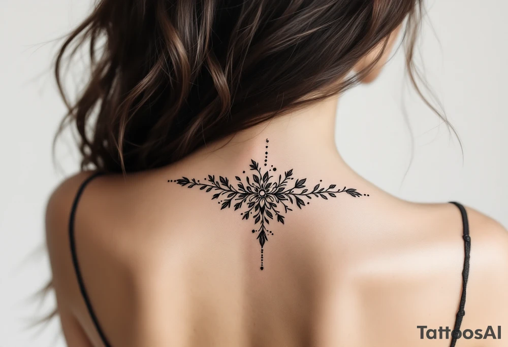 Minimalist style tattoo with oranental design with symbolism and dot work , full back tattoo idea