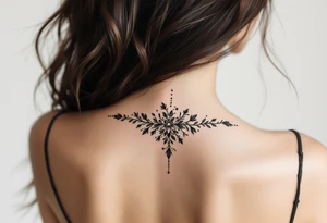 Minimalist style tattoo with oranental design with symbolism and dot work , full back tattoo idea