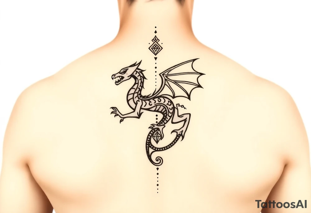 A symbolic back tattoo featuring a minimalist tribal-style dragon, incorporating Amazigh (Berber) symbols for strength, freedom, and identity. The design should reflect themes of transformation, grounding, and soul direction, resonating with a journey of inner rebirth and spiritual embodiment. Style: fine linework, sacred geometry, tribal influence, and dotwork. Ink: black or dark brown. tattoo idea