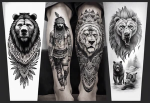 indian realistic leg sleeve, with both indian humans and a bear and maybe a lion tattoo idea