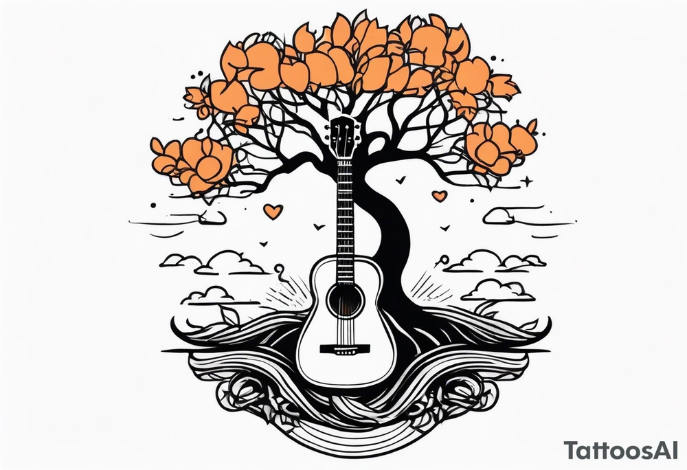tree with guitar neck as trunk and roots are an anchor tattoo idea