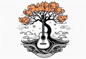 tree with guitar neck as trunk and roots are an anchor tattoo idea