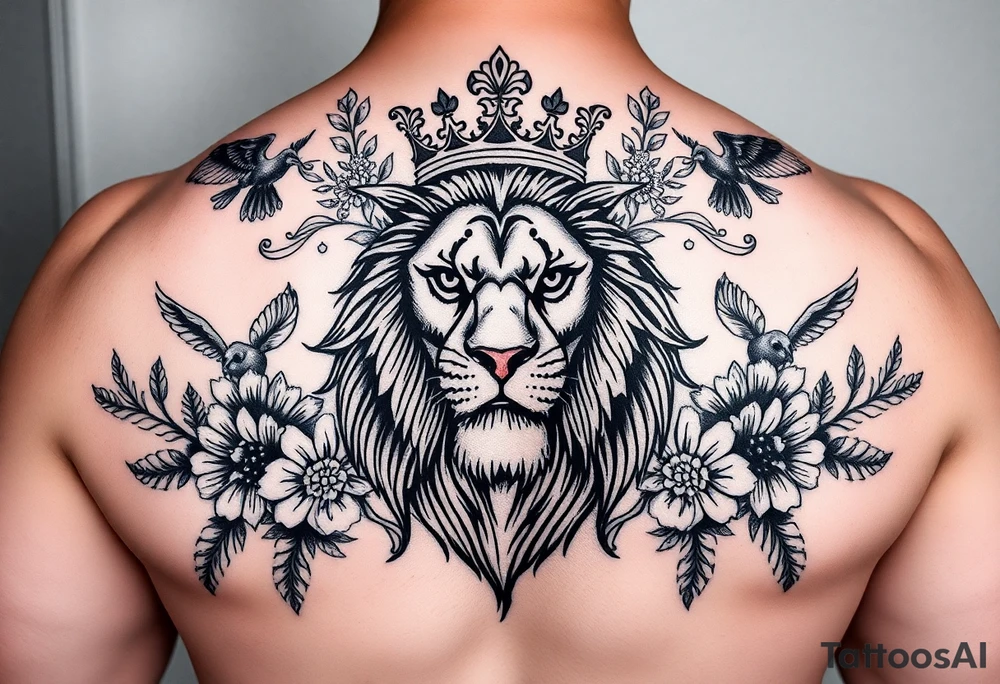 powerful majestic lion with a crown, surrounded by floral ornaments and birds tattoo idea