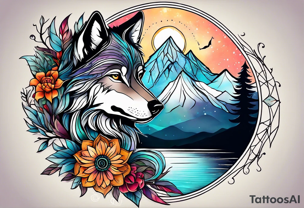 A whimsical wolf tattoo featuring mandala or dream catcher elements, with the wolf as the central focus, surrounded by mountains in the background. Include flowers and nature elements to fill the space around the wolf. tattoo idea