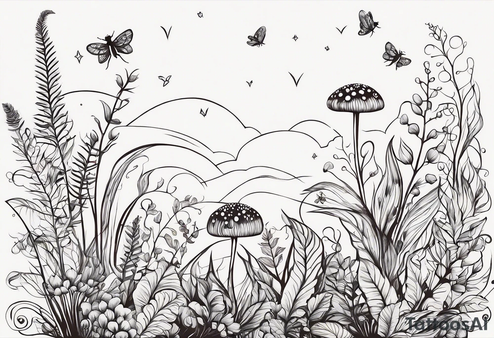 forest floor inspired minimalist tattoo, which includes grass, curly ferns and dead leaves as the bulk of the tattoo. details to include: three very tiny strawberries, a tiny bumblebee flying nearby, three small brown mushrooms
Generate a vertically long one tattoo idea
