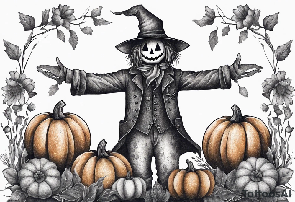 friendly scarecrow with pumpkins and flowers tattoo idea