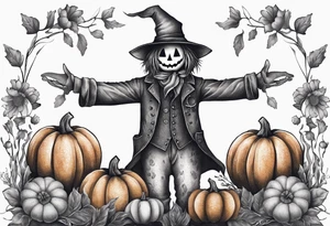 friendly scarecrow with pumpkins and flowers tattoo idea