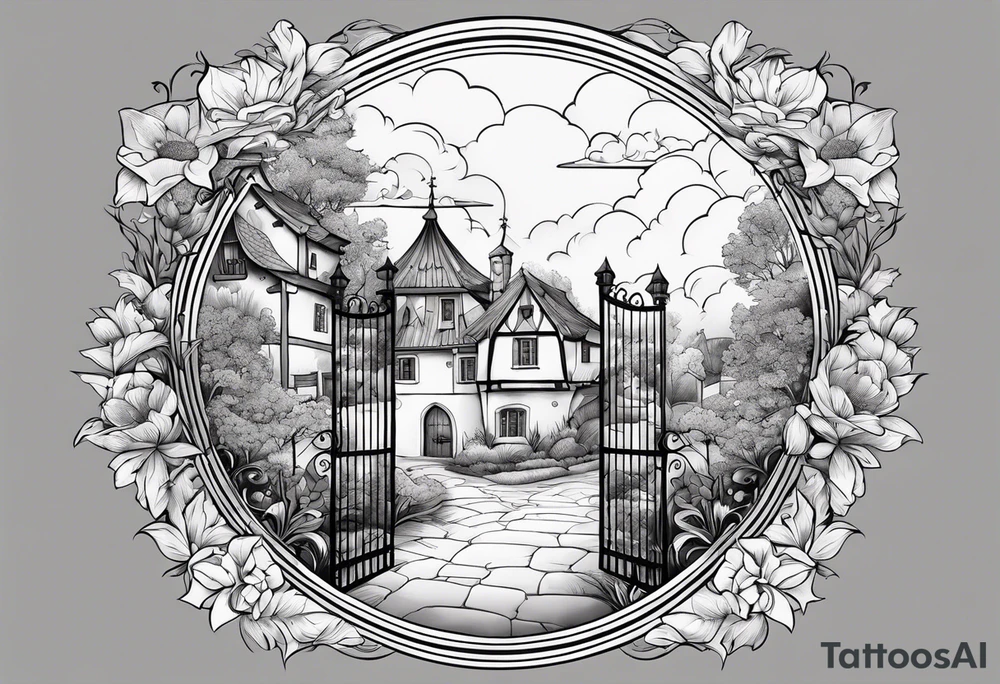 night medieval town garden small houses gate entrance
in circle vignette surrounded by clouds floral tattoo idea