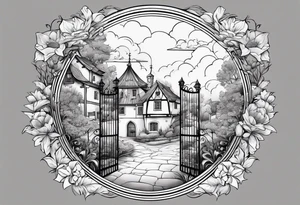 night medieval town  garden small houses gate entrance 
 in circle vignette surrounded by clouds floral tattoo idea