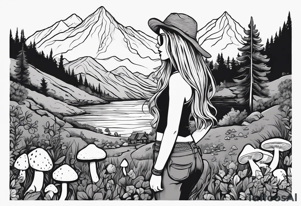 Straight long blonde hair hippie girl in distance holding mushrooms in hand facing away toward mountains and creek surrounded by mushrooms tee shirt and hiking pants tattoo idea