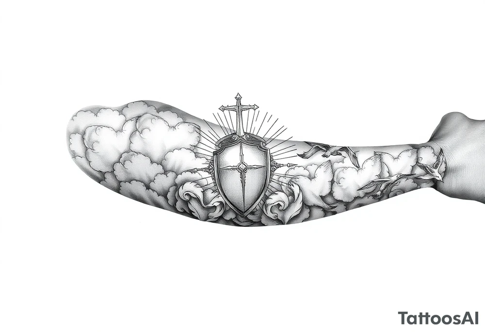 clouds, sword, shield, cross, birds, sun rays tattoo idea clouds, sword, shield, cross, birds, sun rays tattoo idea
