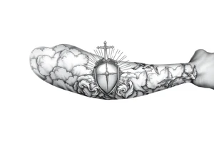 clouds, sword, shield, cross, birds, sun rays tattoo idea