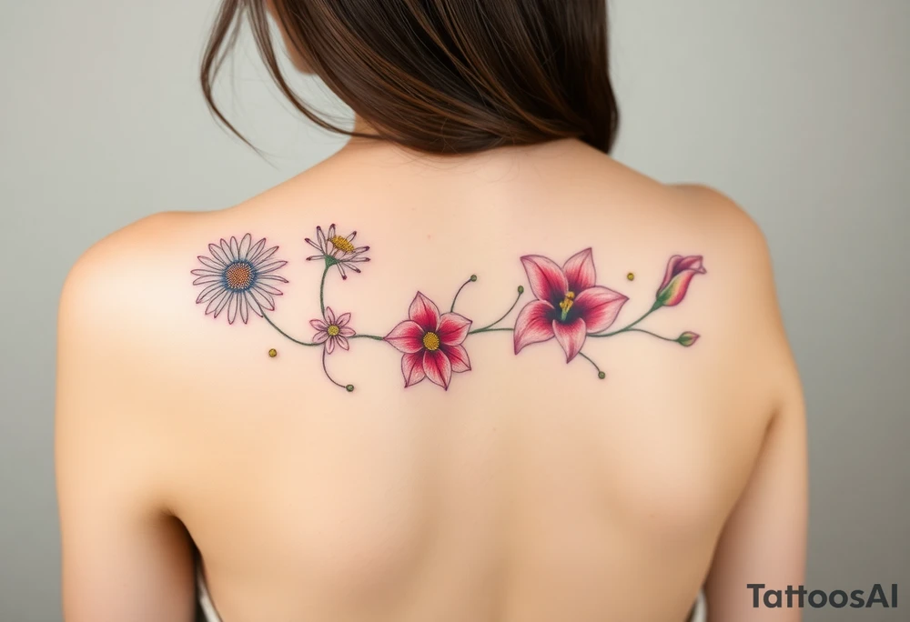 This tattoo is on a woman. It is a line of flowers connected by a single stem. It starts on her left side of the chest with a Glaiolus and Daisy together, then the tatoo rises over the left shoulder and down the arm and ends at the elbow. The tattoo will include a primrose, Calla Lily, and a Lilly. It will be light on color except in the petals and has light shading to make it pop. tattoo idea