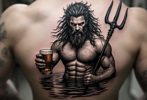 young, fit poseidon in calm water, holding a trident, holding a beer tattoo idea