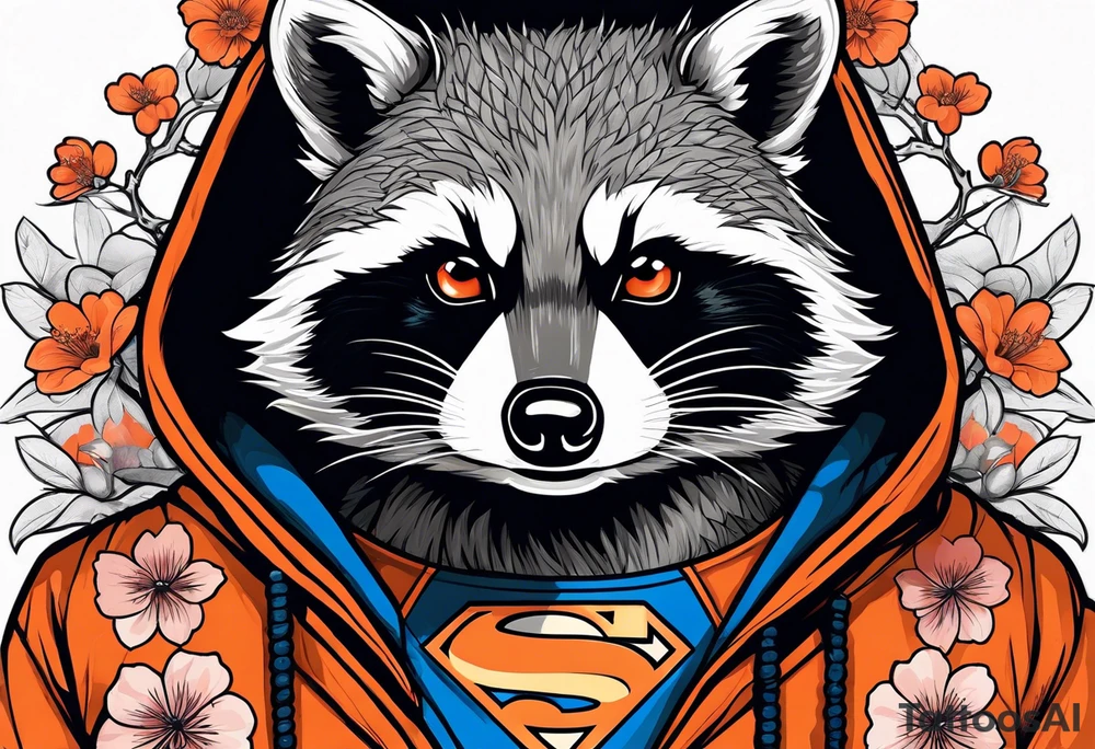 Raccoon wearing a white Superman logo on a black hoodie and orange Japanese cherry blossoms beside tattoo idea