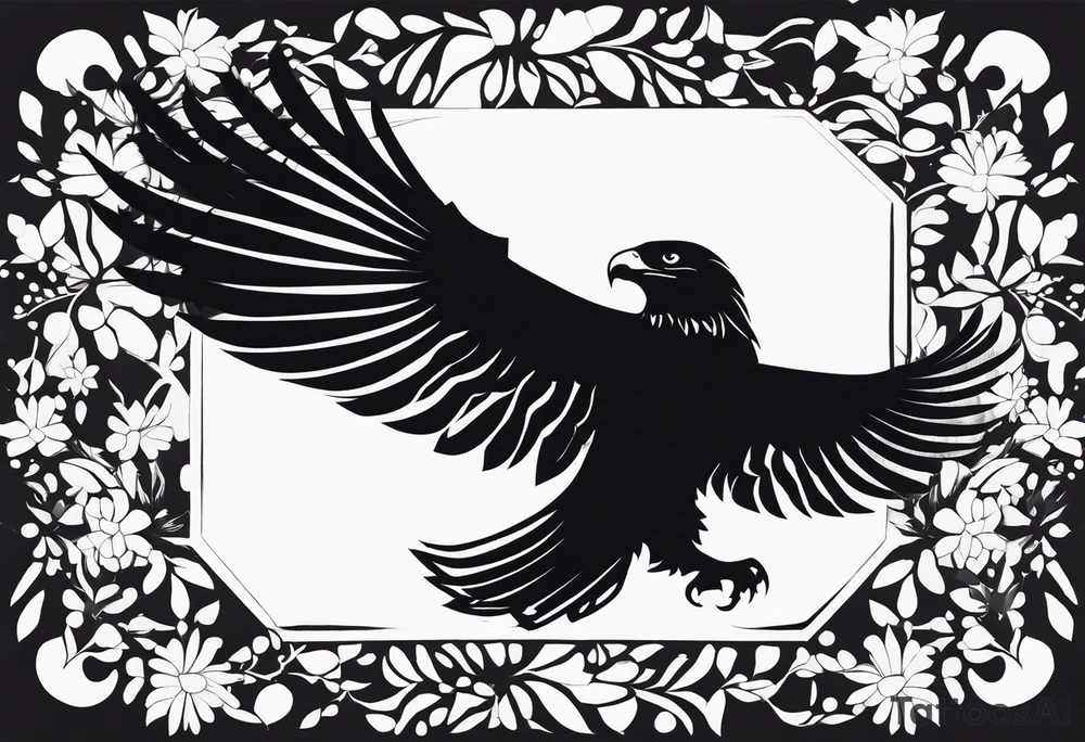 Black and white silhouette illustration of a delicate eagle perched on a branch, with intricate details of the feathers and petal-like shapes in the eagle's wings. The branch is adorned with simple outlines of flowers and leaves. The background is abstract, represented through bold, splattered lines to evoke the essence of color splashes without actual shading. The composition emphasizes the elegance and delicate nature of the eagle, focusing on its form against the minimalist abstract backdrop. tattoo idea