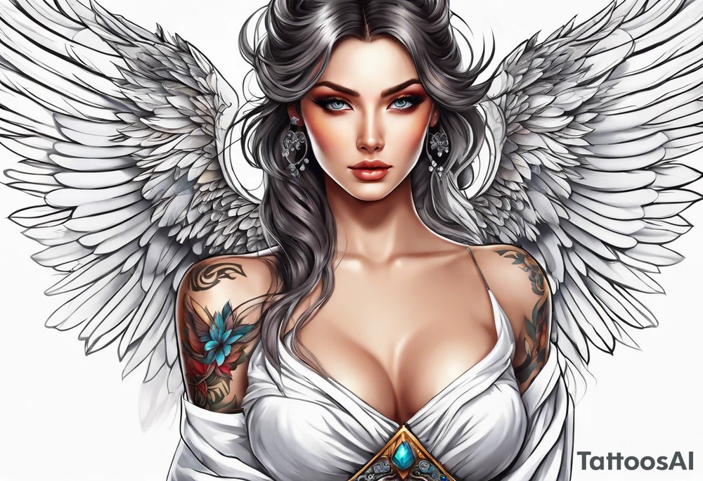 Beautiful woman angle with large white wrap around wings tattoo idea