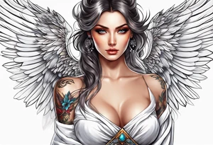 Beautiful woman angle with large white wrap around wings tattoo idea