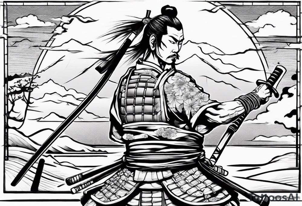 samurai on a japan sunset tattoo idea