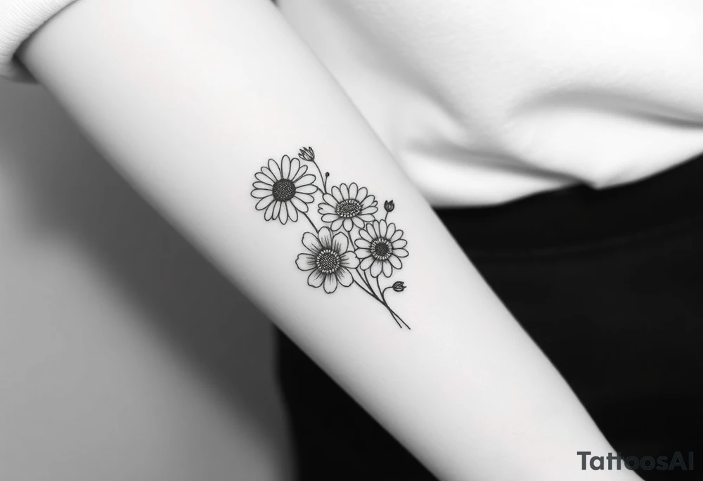Small flower bouquet with flowers, 1 daisy, 2 cosmo, 1 poppy, 1 chrysanthemum, tattoo idea