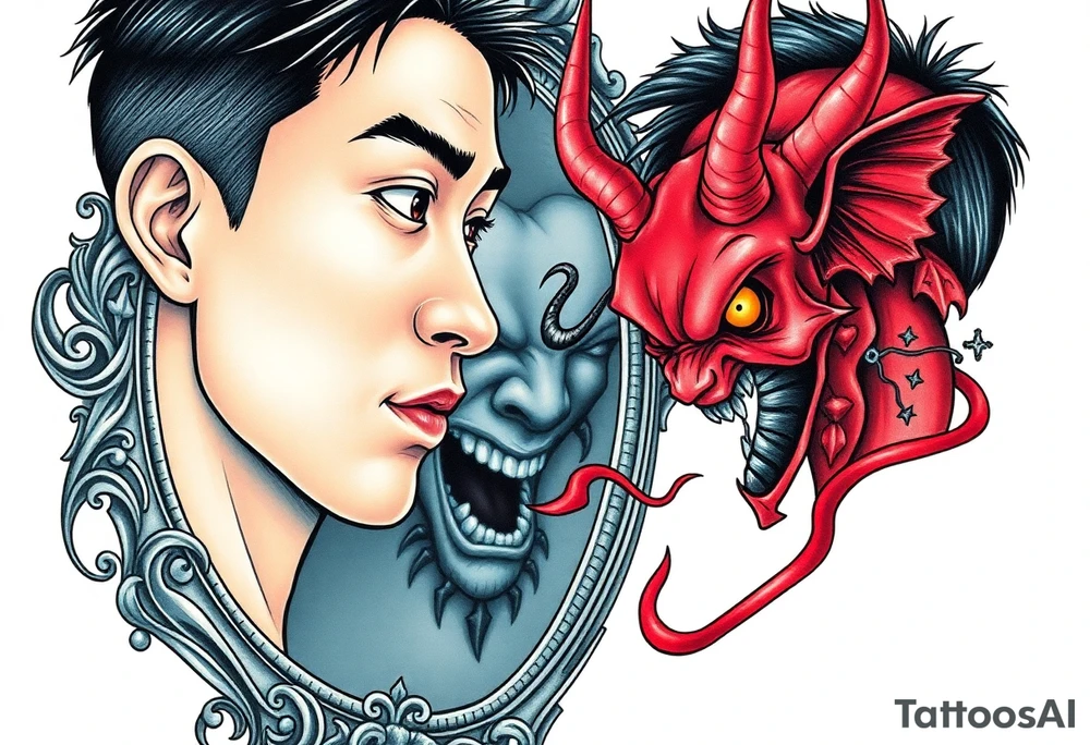 Handsome Asian young guy is looking in cursed mirror and see devil tattoo idea