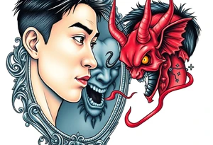 Handsome Asian young guy is looking in cursed mirror and see devil tattoo idea
