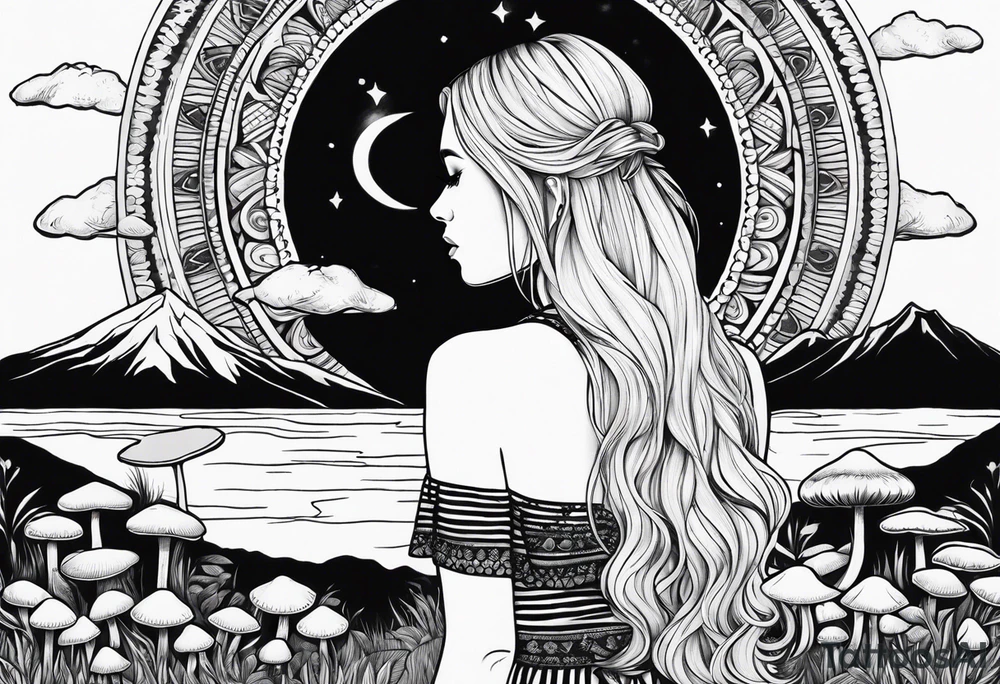 Straight blonde hair girl facing away toward mountains surrounded by mushrooms crescent moon mandala circular design black and white striped dress "8" tattoo idea