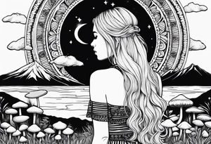 Straight blonde hair girl facing away toward mountains surrounded by mushrooms crescent moon mandala circular design black and white striped dress "8" tattoo idea