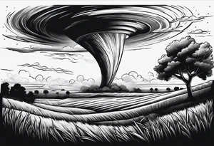 Tornado descending from the sky reaching to the grass ground at a point and throwing debris tattoo idea