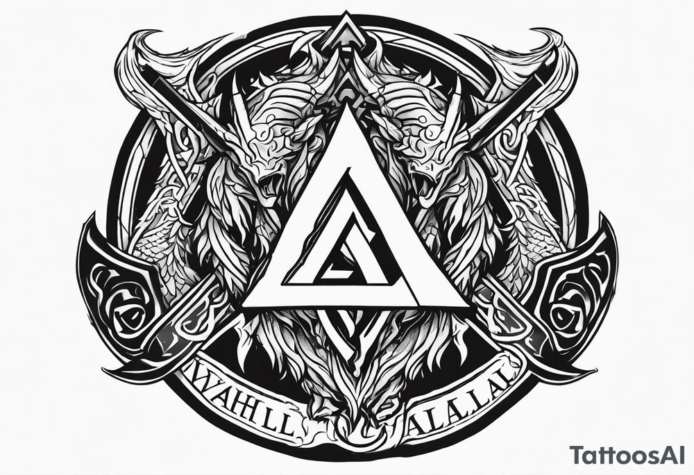 Valhalla sword shield dragon axe Valknut fire tattoo idea Valhalla sword shield dragon axe Valknut fire tattoo idea
