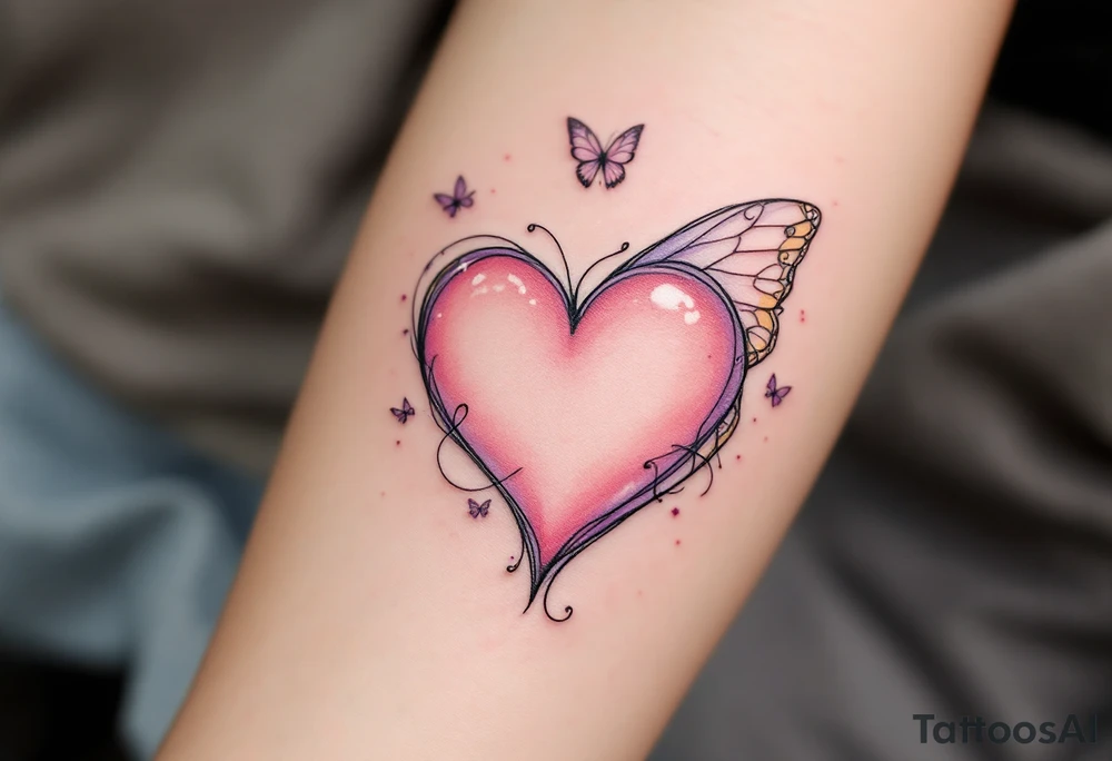 Pale Pink Heart with Butterfly Wings – A soft, pale pink heart, with delicate butterfly wings in shades of lavender and yellow, symbolizing love that transforms and takes flight. tattoo idea