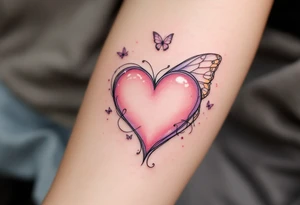 Pale Pink Heart with Butterfly Wings – A soft, pale pink heart, with delicate butterfly wings in shades of lavender and yellow, symbolizing love that transforms and takes flight. tattoo idea