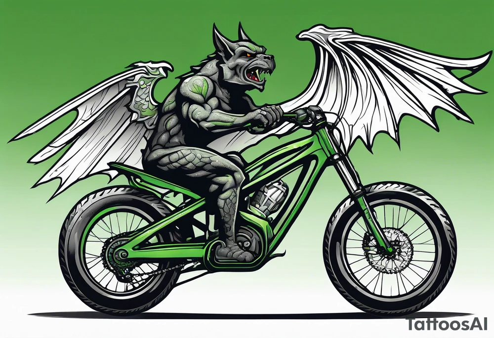 gargoyle riding a full suspension green mountain bike with a shadow no background with wings tattoo idea