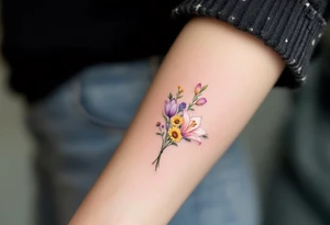 Small Stargazer lillies pale pink with no outline 
with small yellow sunflowers and pale purple tulip buds in a dainty wildflower bouquet with light green stems tattoo idea