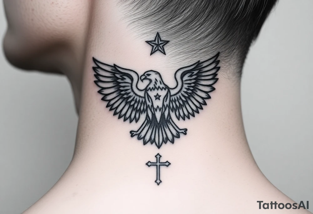 Double-headed eagle outline only (no shading) — suits neck skin which ages differently
Star above, small orthodox cross below tattoo idea