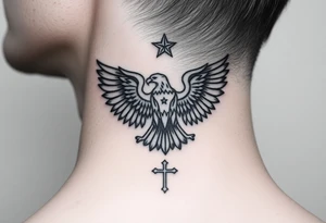 Double-headed eagle outline only (no shading) — suits neck skin which ages differently
Star above, small orthodox cross below tattoo idea