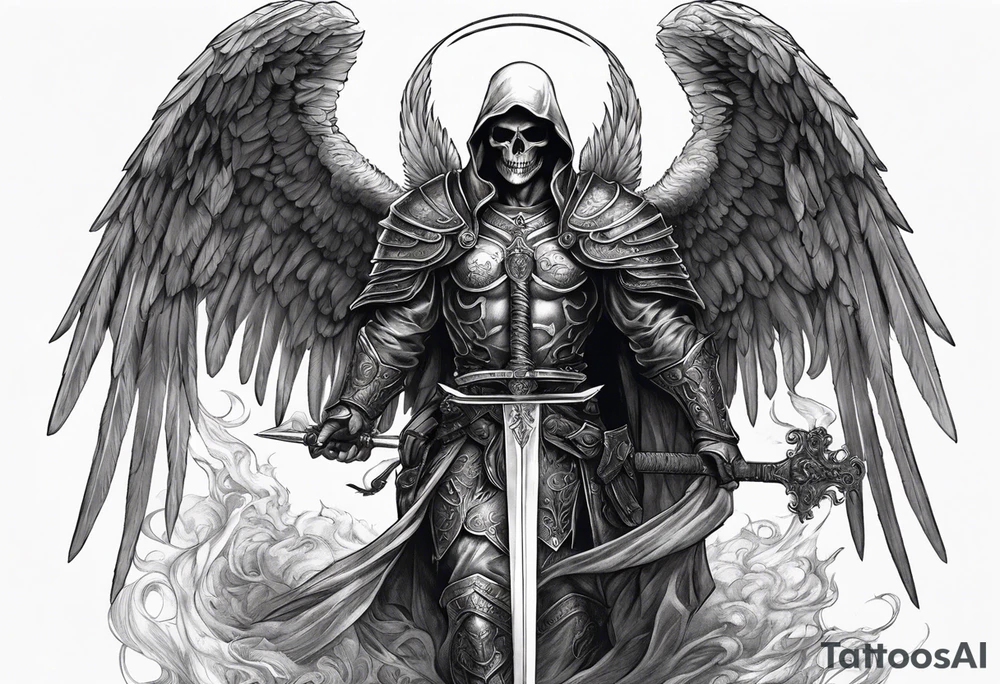 realistic angel of death, full man body, without face, holding one sword in both hands, sword pointing downwards, skulls lying on the ground tattoo idea