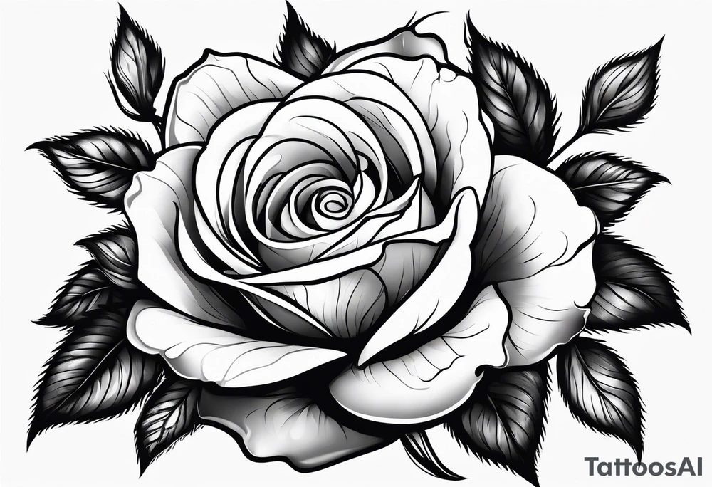 Bloomed rose attached with female body, kneeling tattoo idea