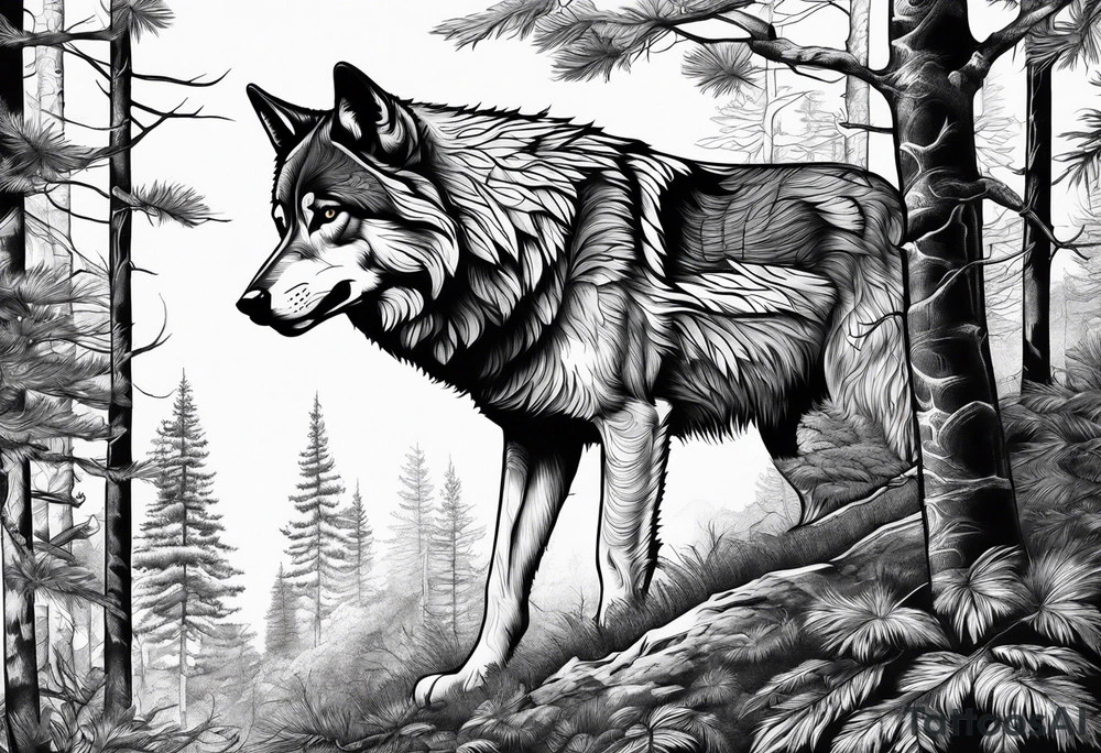 Forest with a wolf stalking tattoo idea