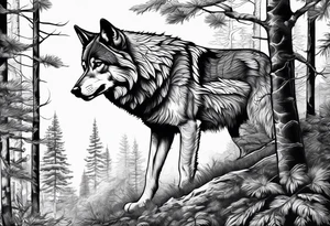 Forest with a wolf stalking tattoo idea