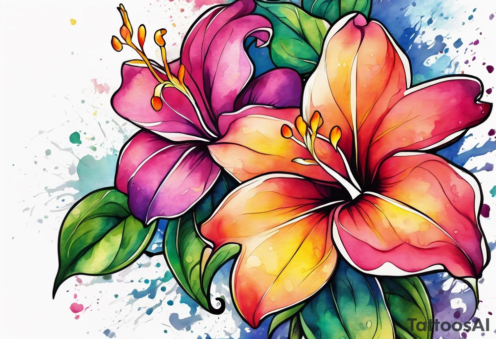 abstract mandevilla flowers on a vine, with color leaking out into the background tattoo idea