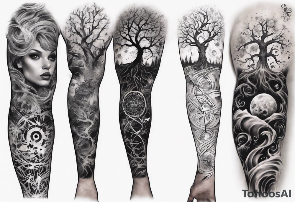 full arm sleeve tattoo... DNA science guitar piano, music. tree of life tattoo idea