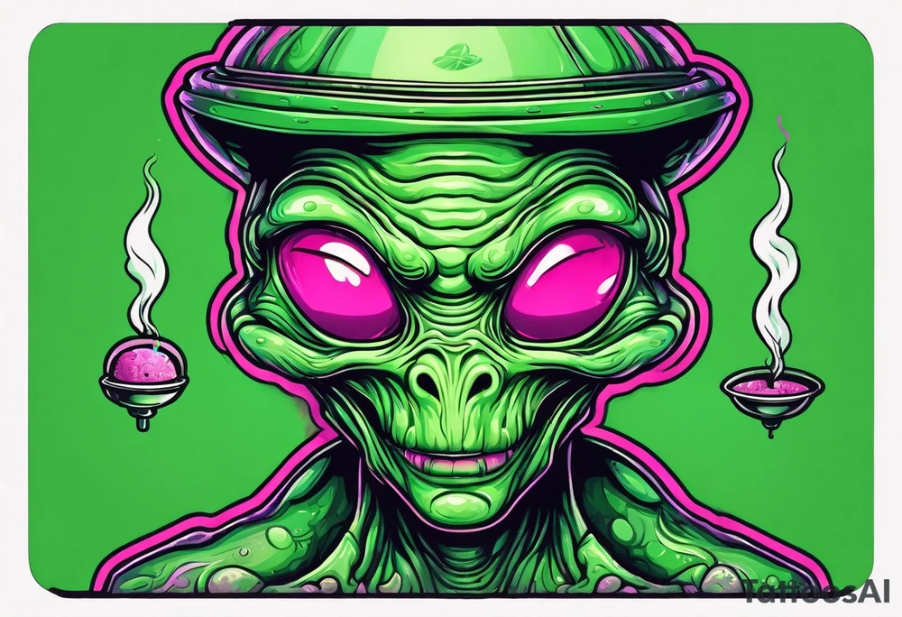 green alien inside of a ufo, smoking a joint, is smiling, pink smoke tattoo idea